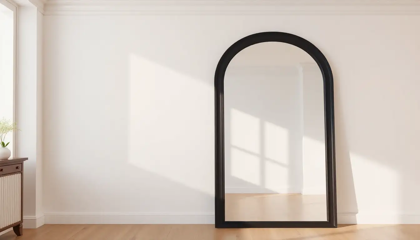 Large arched floor mirror in a black frame.