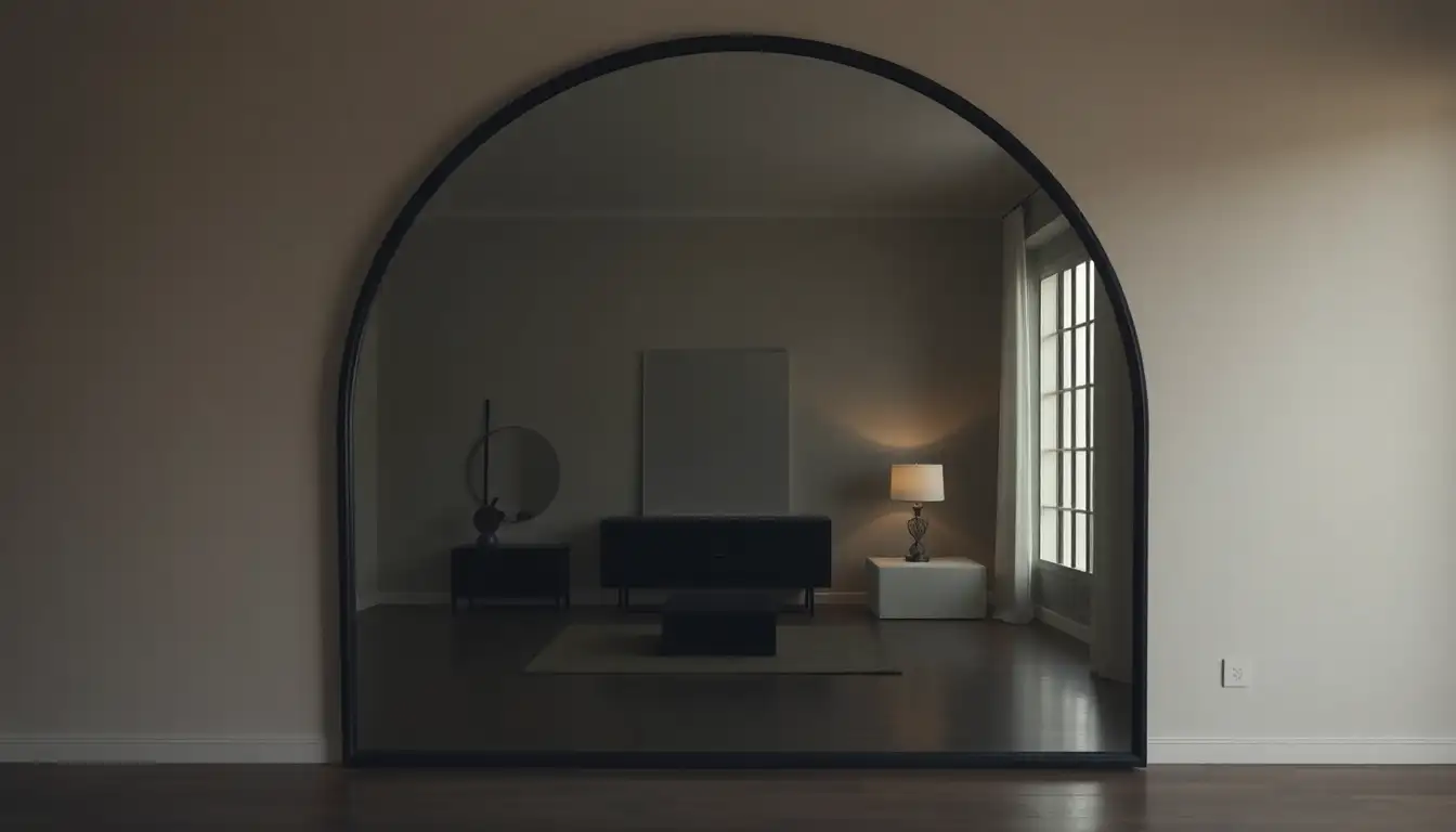 Large arched mirror in a dark bedroom.