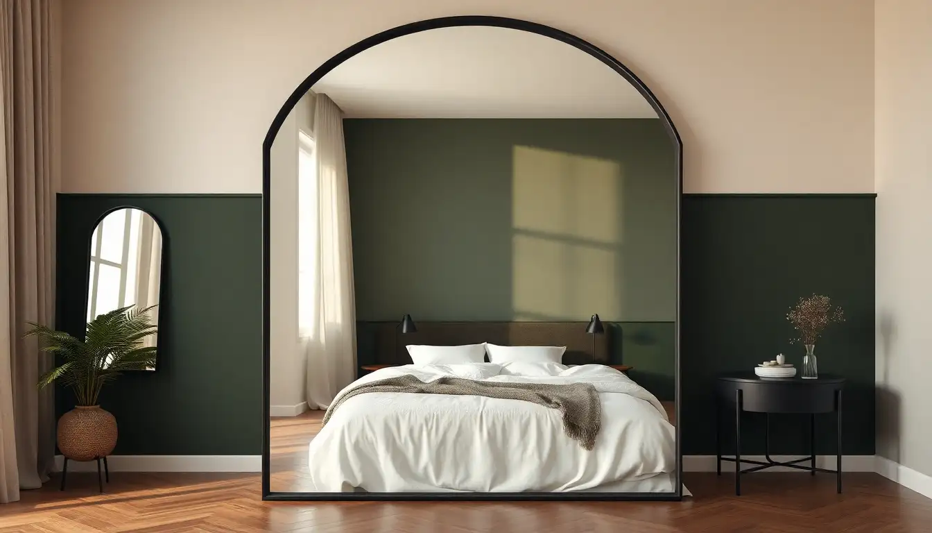 Large arched mirror on a dark green wall reflecting light.