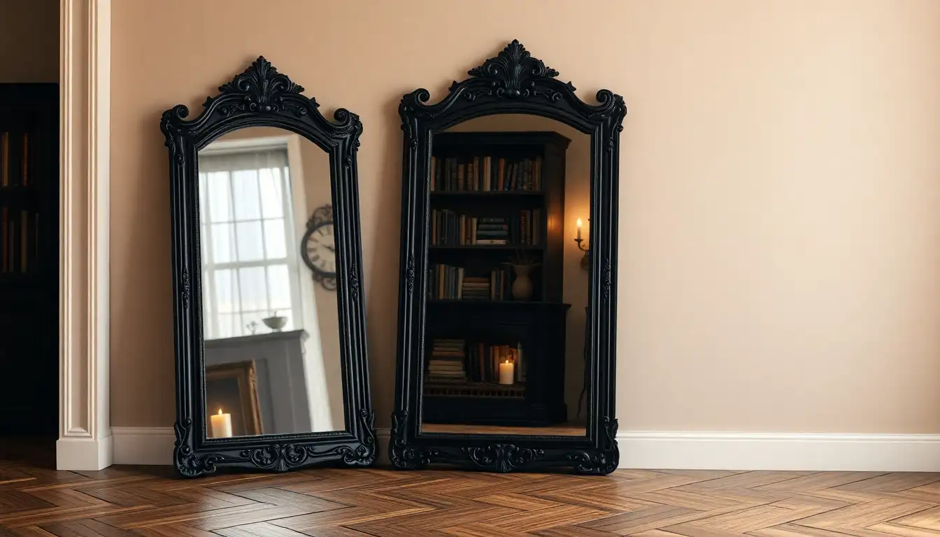 Ornate Statement Mirror Large black arched mirror leaning against a wall in a moody academic bedroom