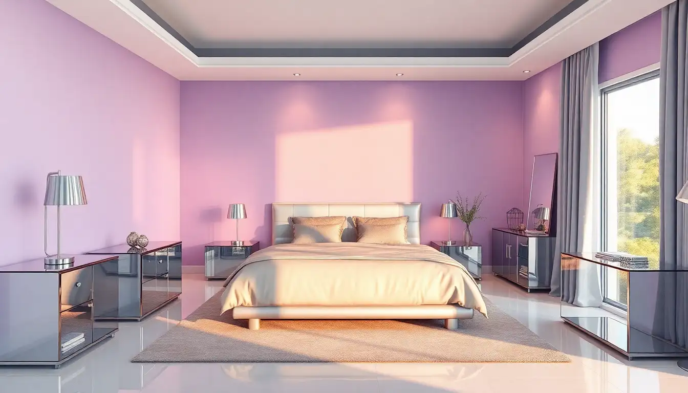 Lavender bedroom with silver lamps and glass furniture for a modern style.