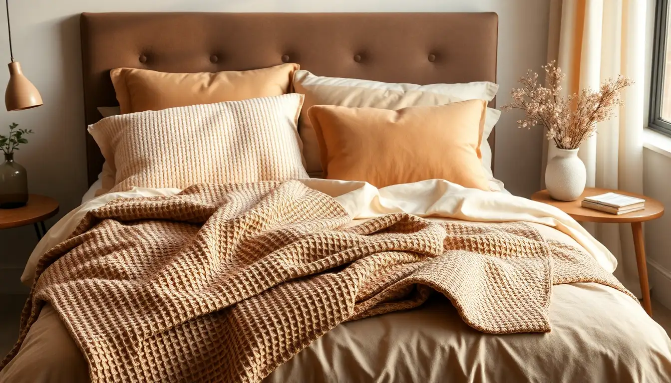 Layered bedding with waffle throw and velvet pillows