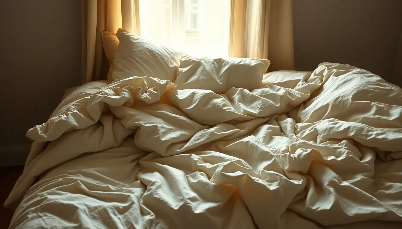Layered grey and cream bedding on a low bed frame