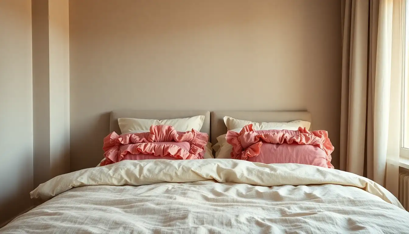 Layered pastel bedding with a beige duvet and soft pink pillows.