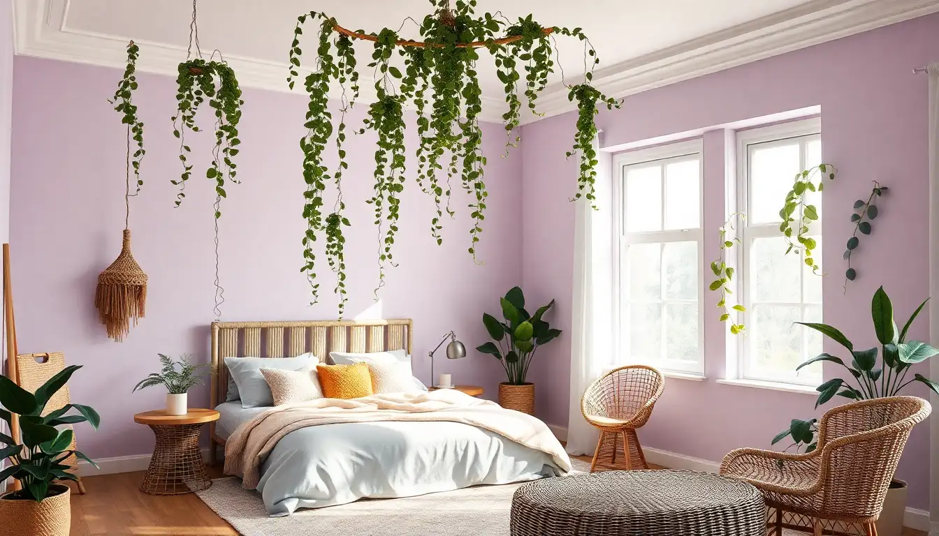 Lilac bedroom with green plants and vines hanging from the ceiling.