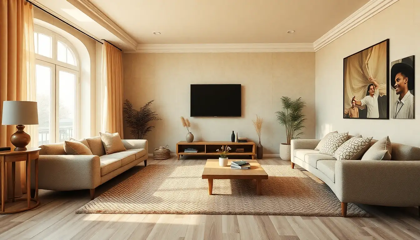 Living room with layered beige textures and oak furniture