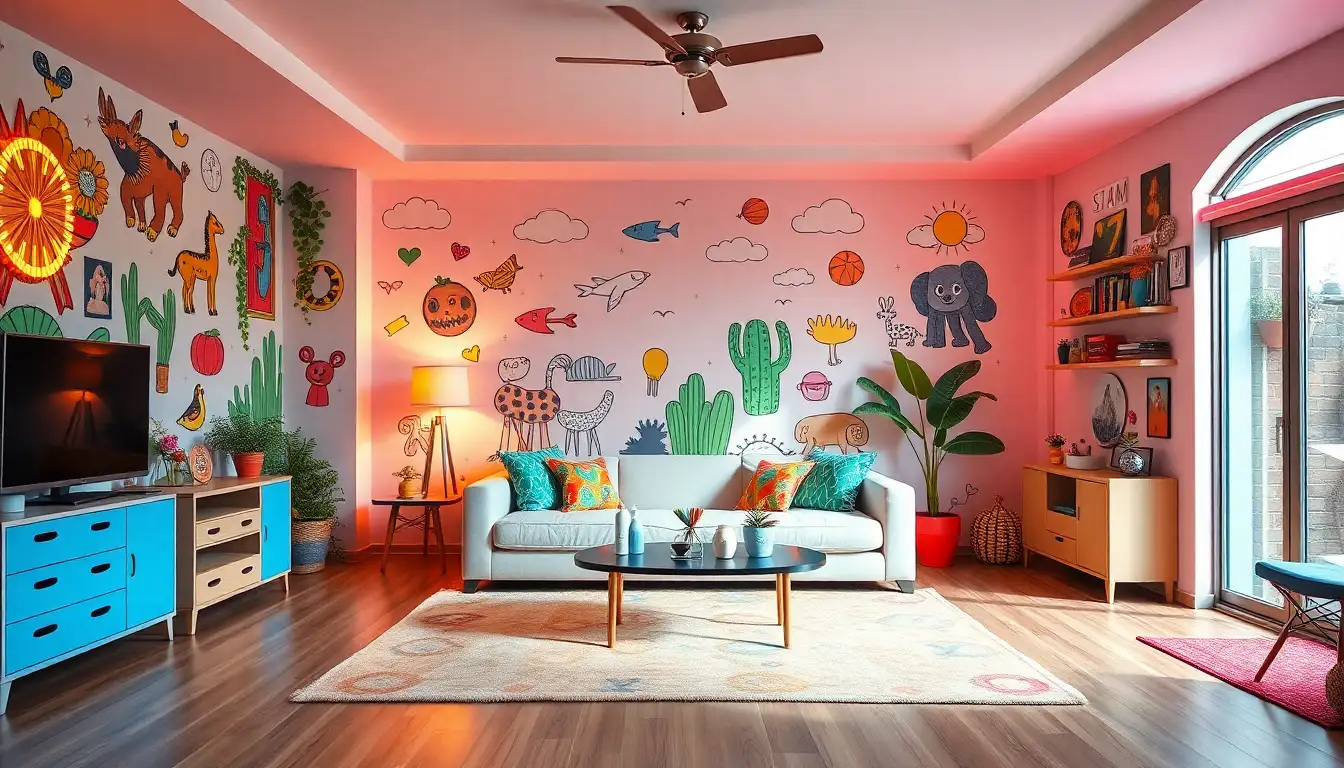 Living room with whimsical murals and neon accents