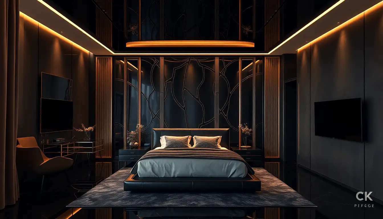 Luxurious Dark Glamour Luxurious dark bedroom with metallic accents