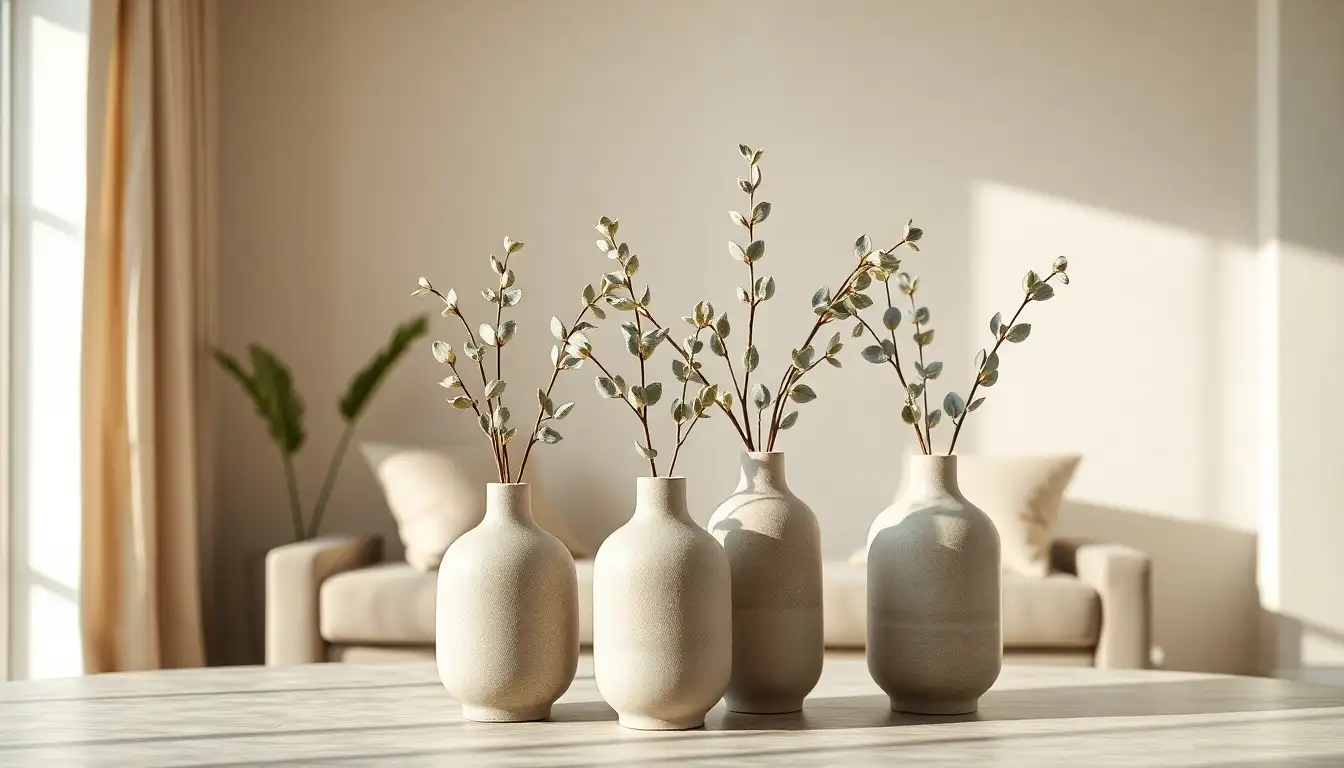 Matte vases with green eucalyptus stems on a modern coffee table.