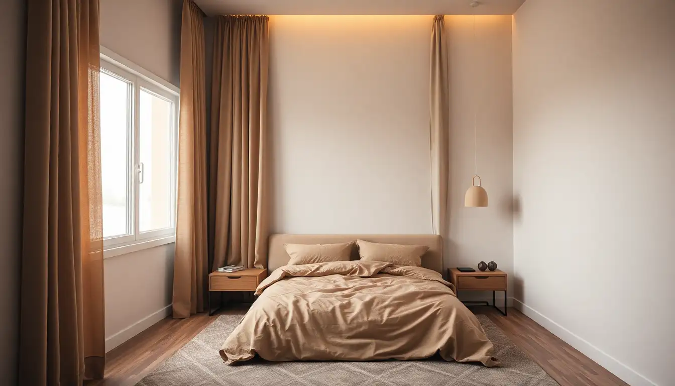 Taupe Minimalist Bedroom Minimalist bedroom with monochrome shades of taupe and tan