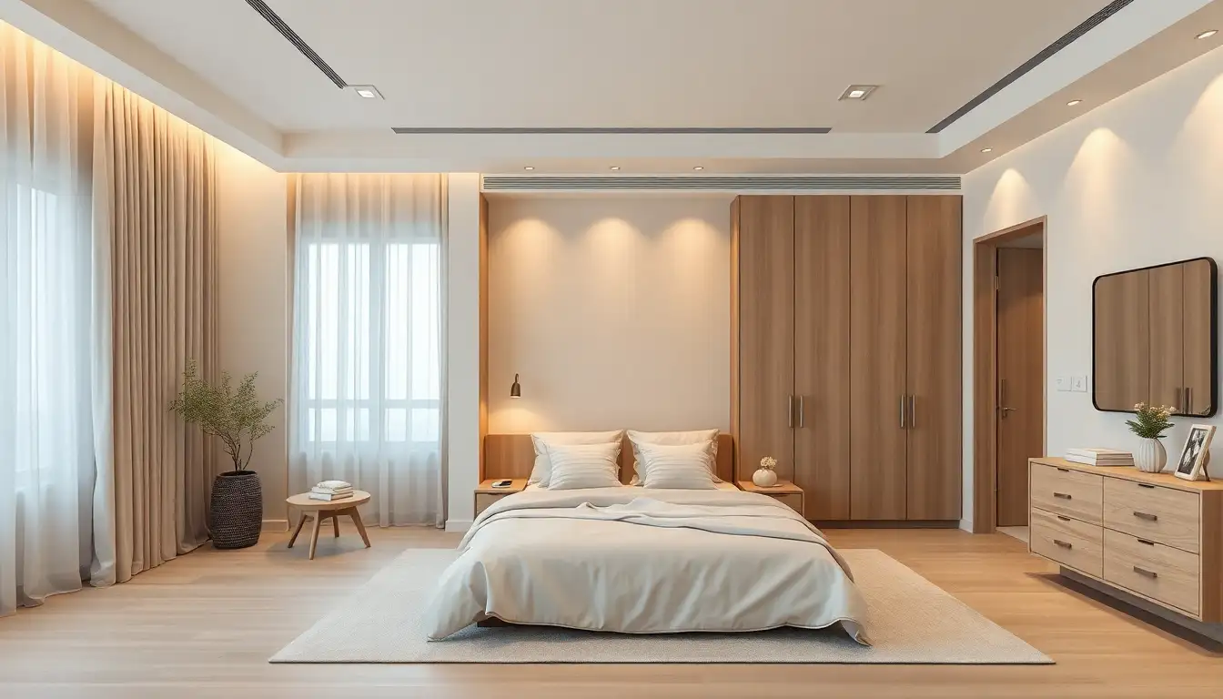 Minimalist beige bedroom with smart storage