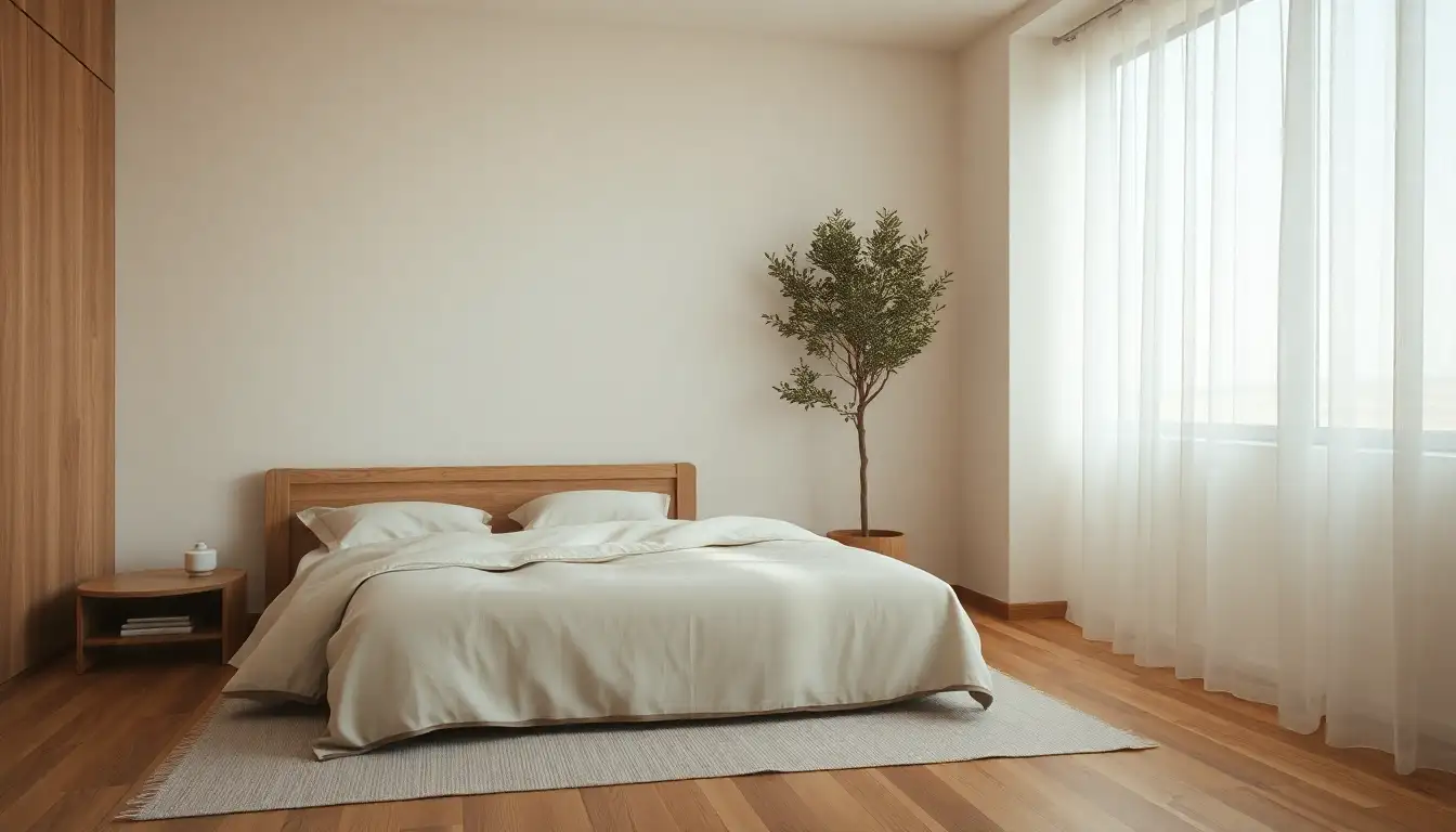 Japandi Brown Bedroom Minimalist Japandi bedroom with light brown oak wood and beige linens