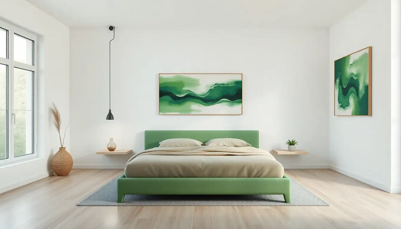 Minimalist matcha green bed frame in a simple white room