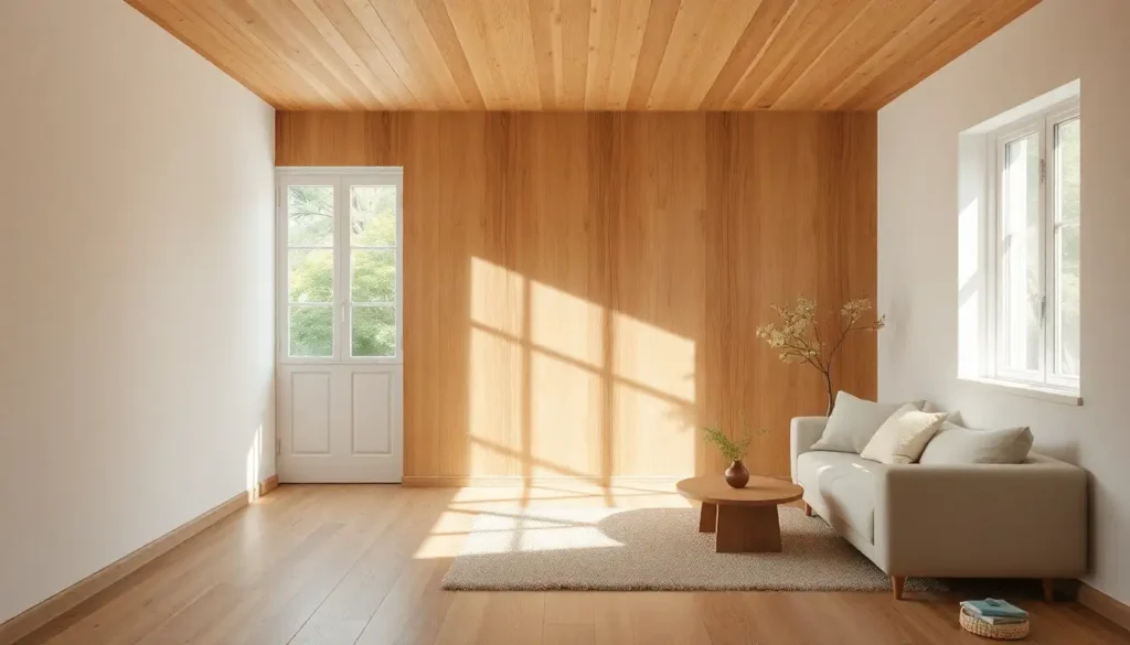 Minimalist room with natural textures and soft lighting