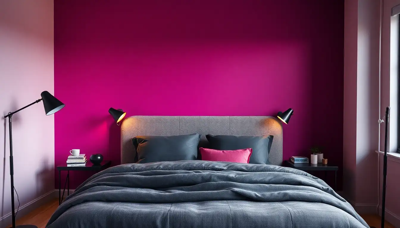Modern bedroom with a bright fuchsia accent wall and dark grey bedding