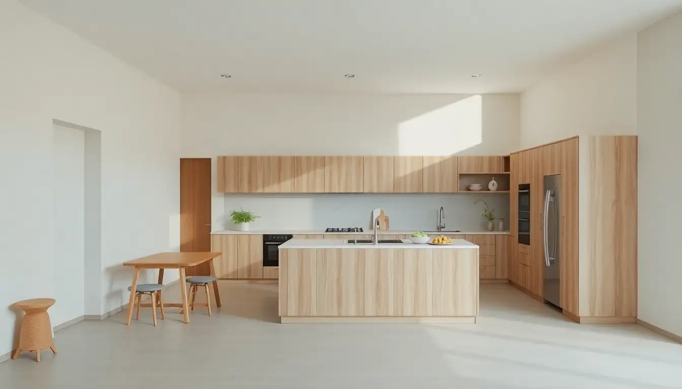 Modern beige kitchen with natural wood and light