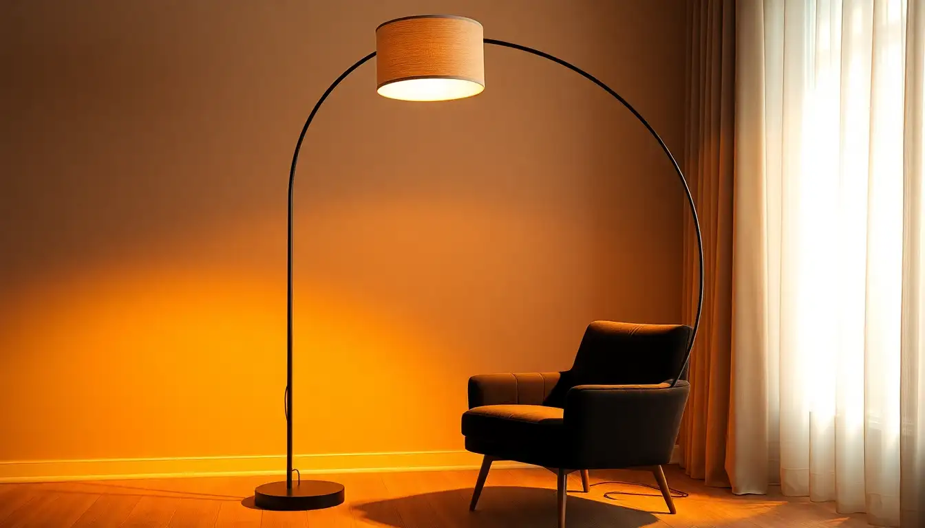 Warm Arc Lighting Modern black arc lamp providing warm light in a moody room
