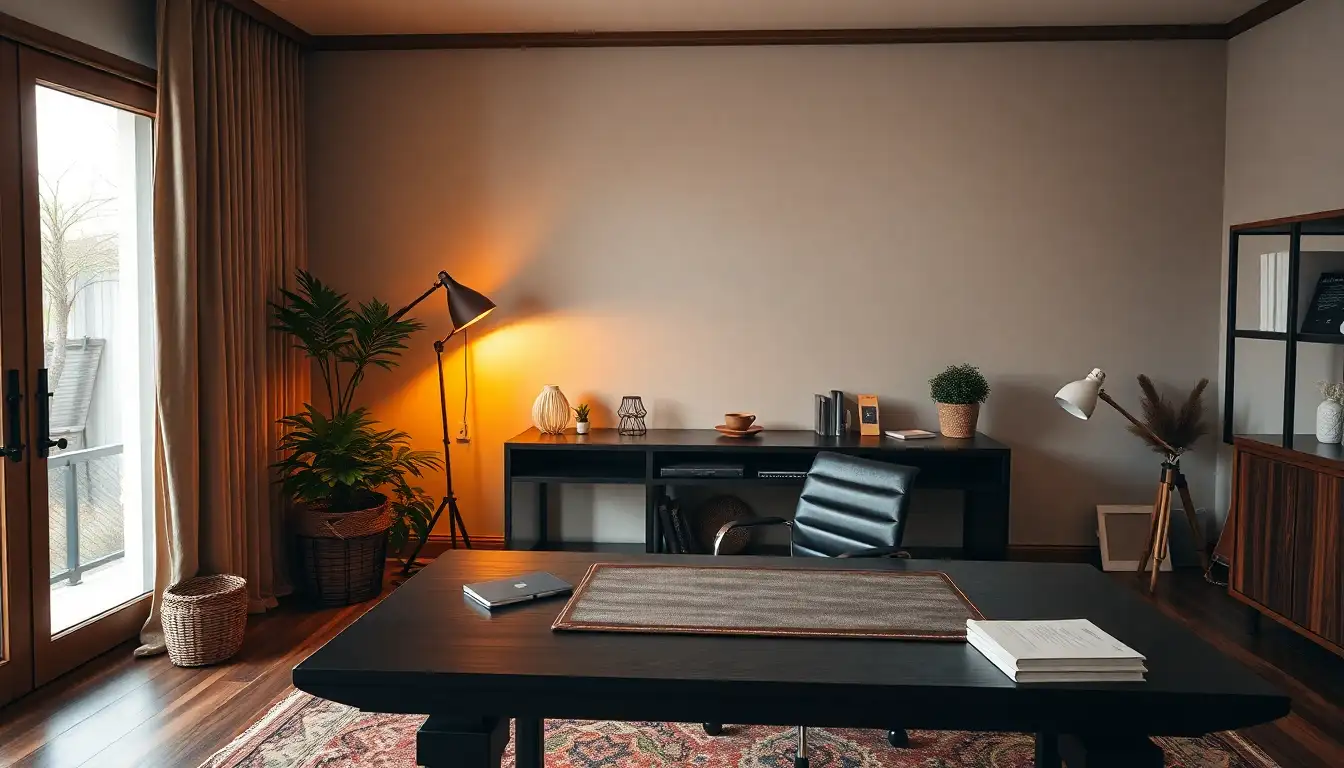 Dark Wood Home Office Modern home office with dark wood desk and leather accessories