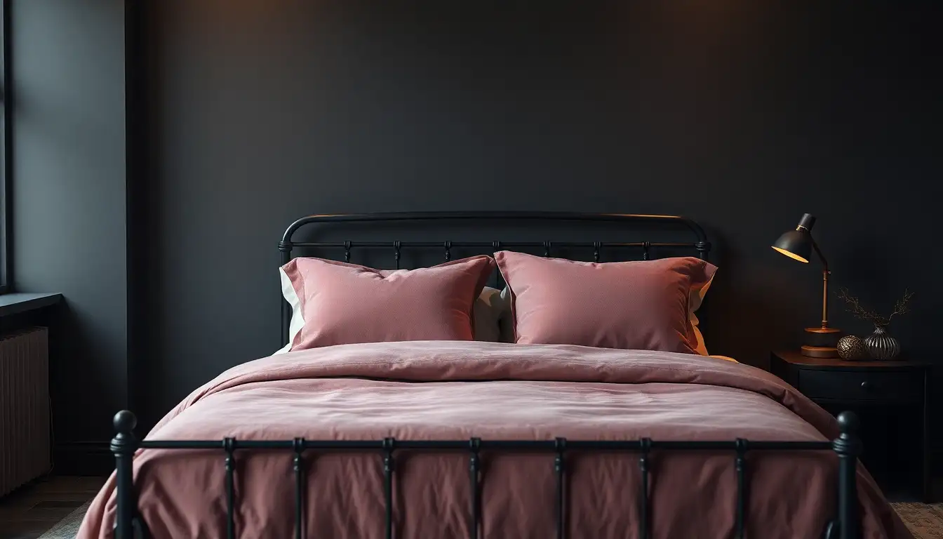 Moody bedroom with mauve pillows and dark grey walls