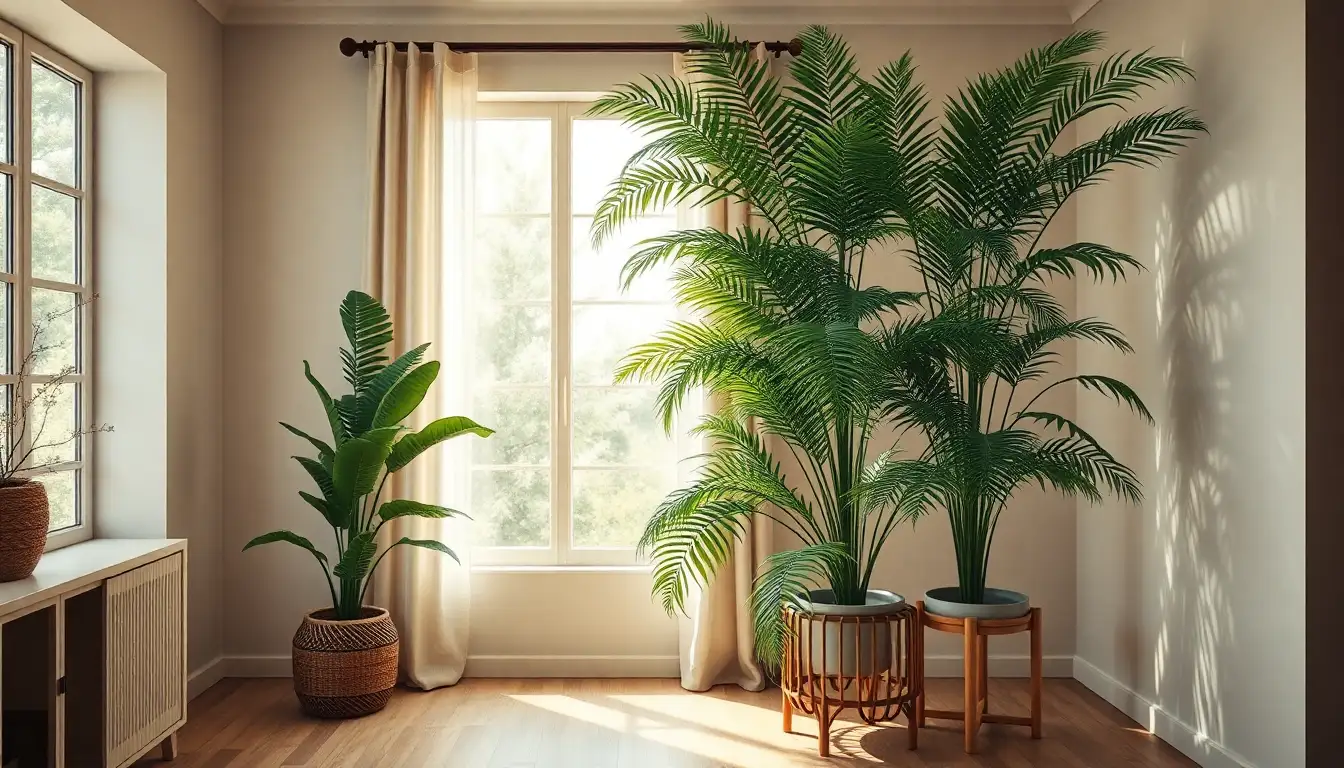 Multiple lush green ferns arranged on a tall bamboo plant stand.