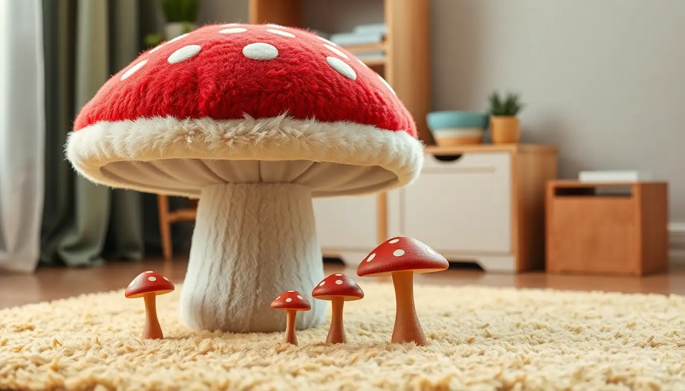 Mushroom shaped decor and stools on a green rug