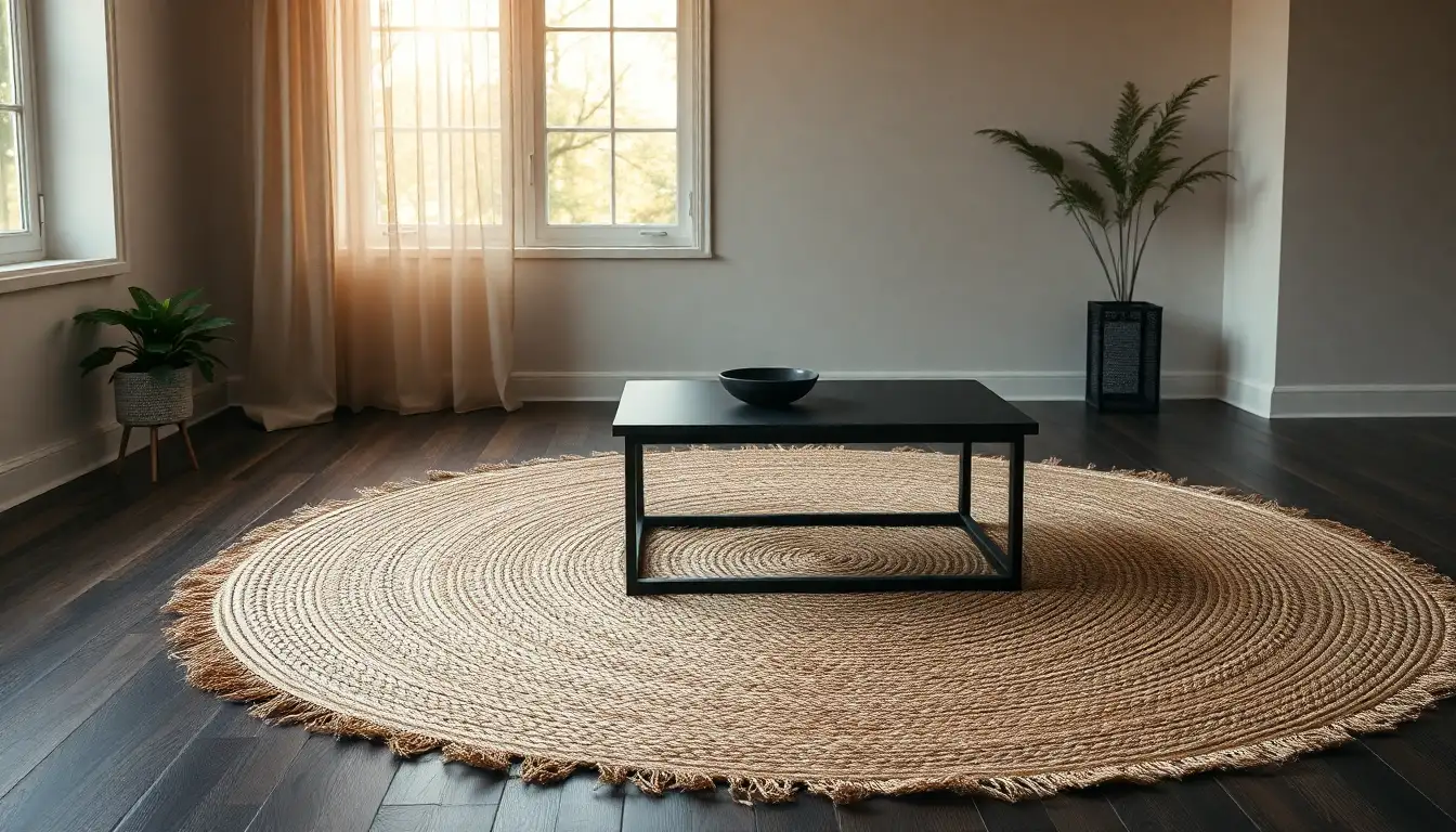 Textured Jute Rug Natural jute rug on dark floors in a black room aesthetic setup