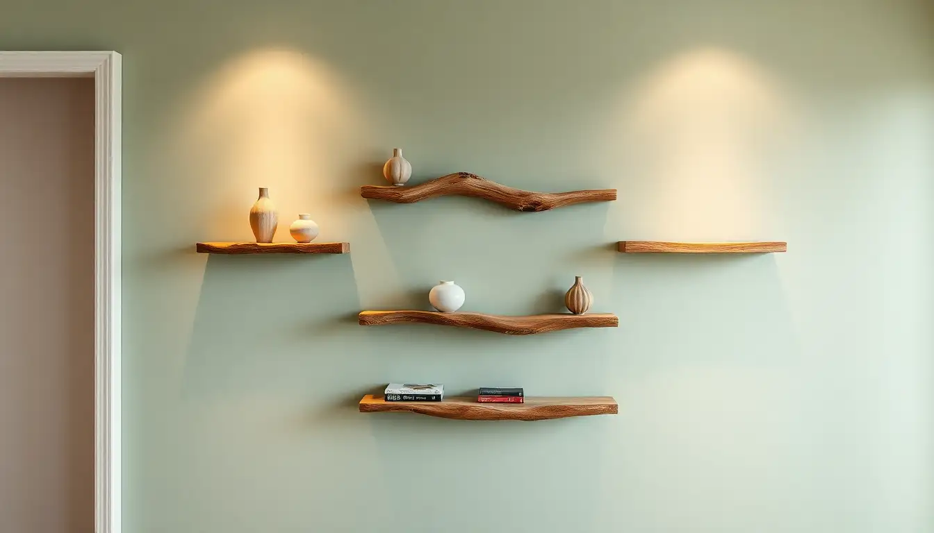 Natural wood shelves made from driftwood holding decorative items.