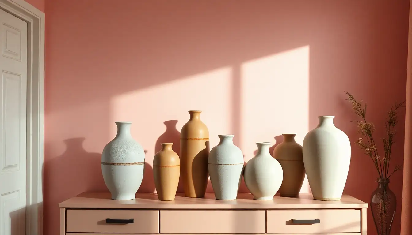 Neutral ceramic vases as decor in a pink bedroom.