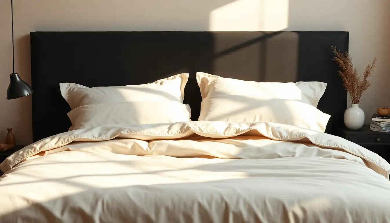 Layered Bedding Contrast Neutral linen duvet and white sheets against a black wall for a black room aesthetic