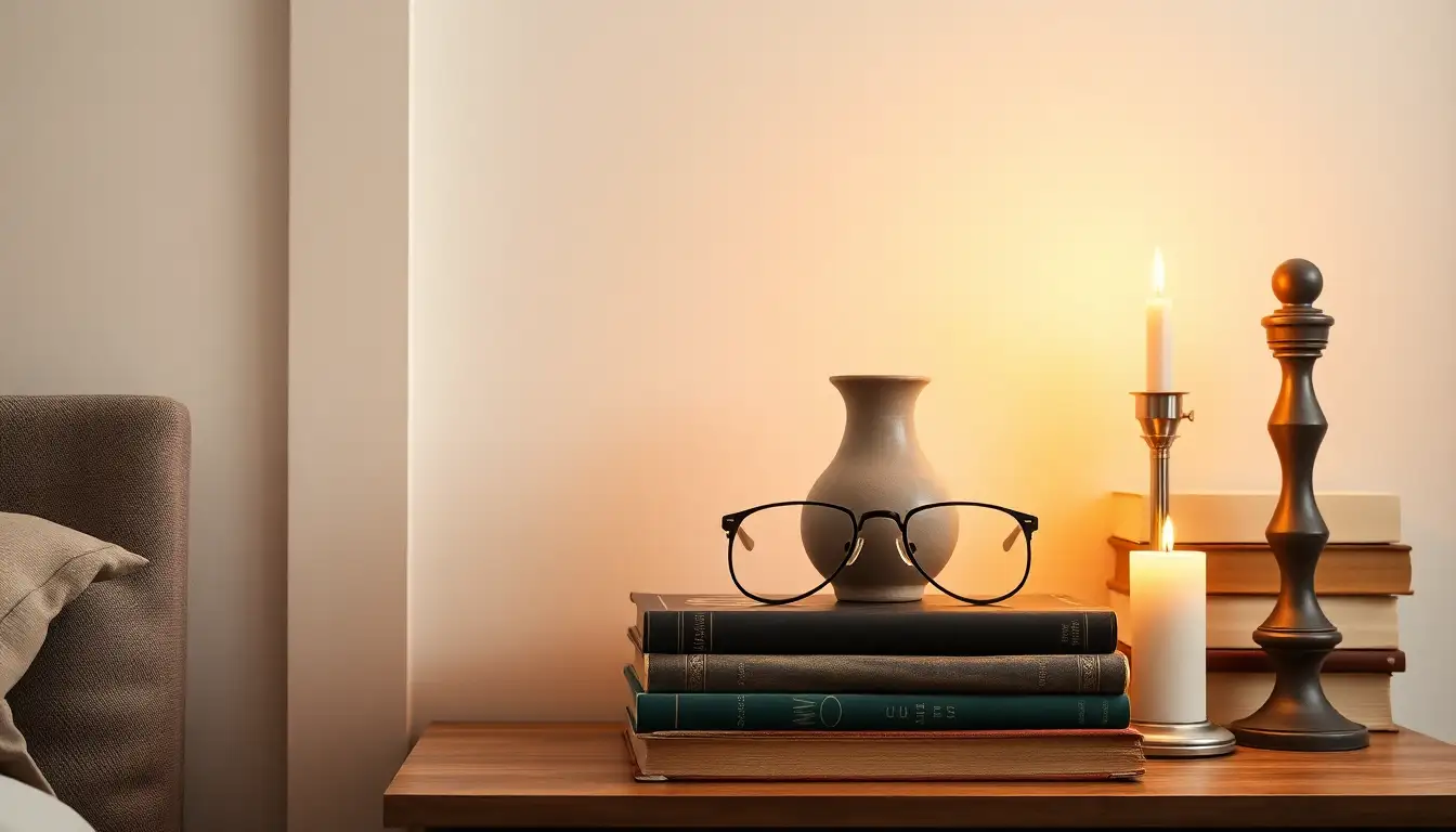 Old Books as Decor Nightstand created from stacks of old books with a small vase and glasses