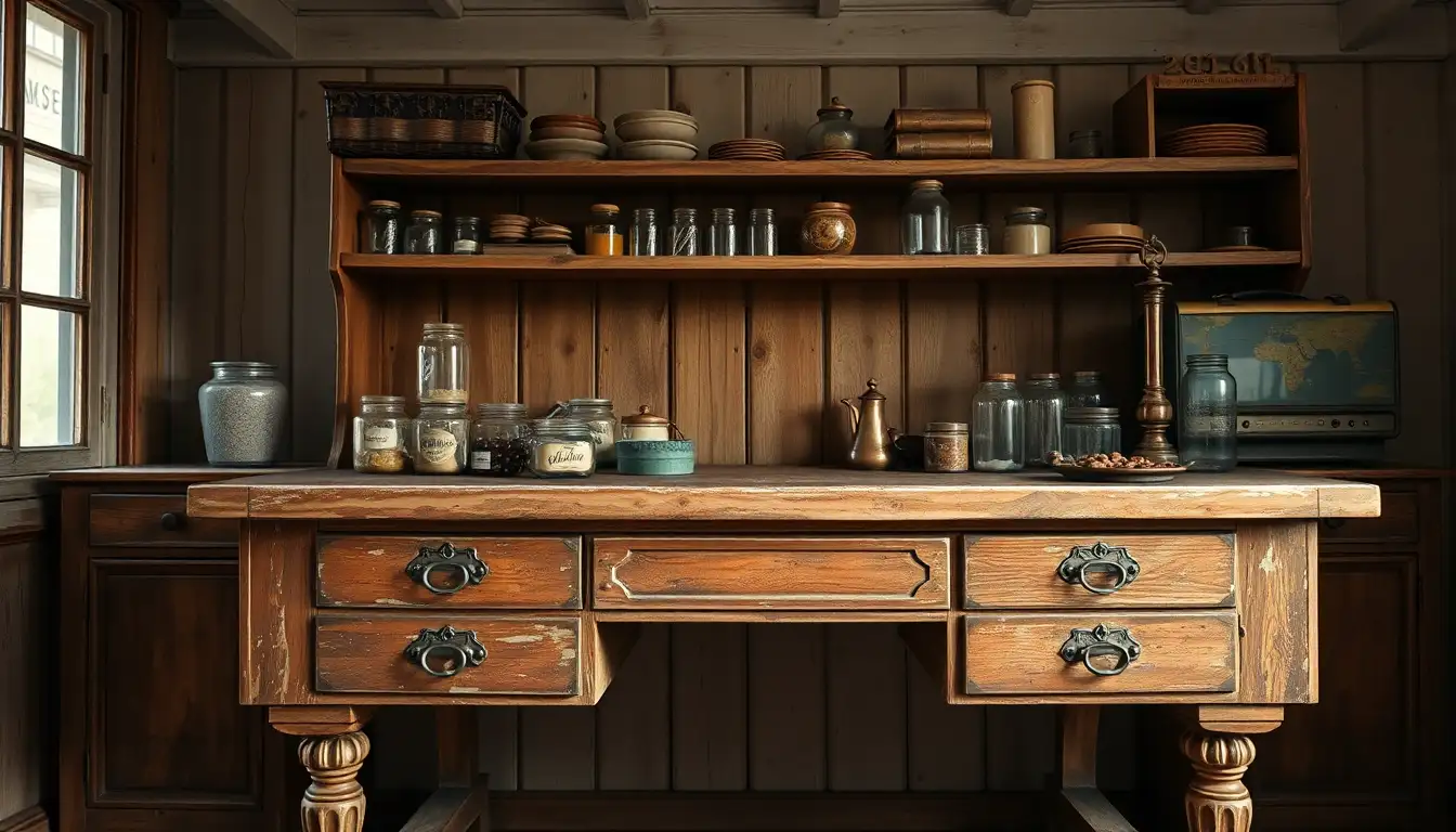 Old distressed wooden desk with vintage glass jars and iron details