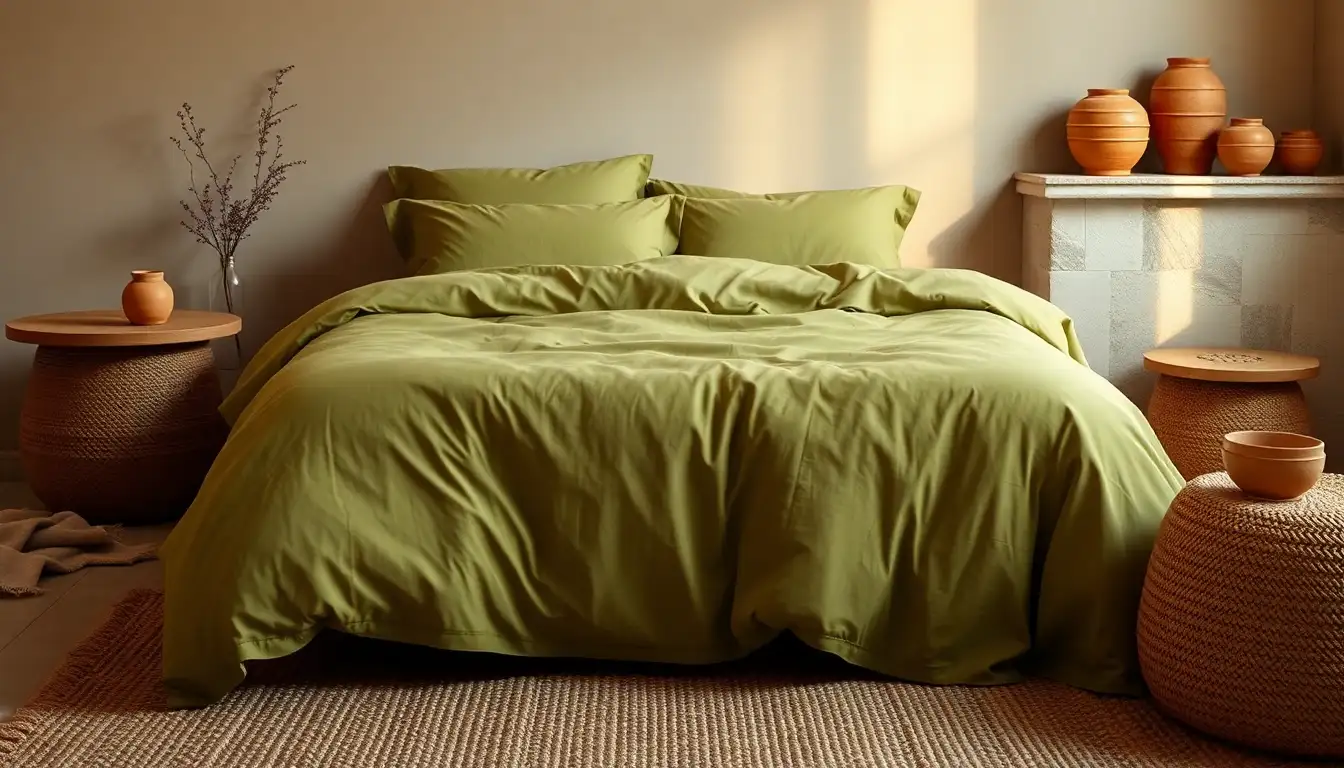 Olive green bed covers with a natural jute rug and orange clay pots
