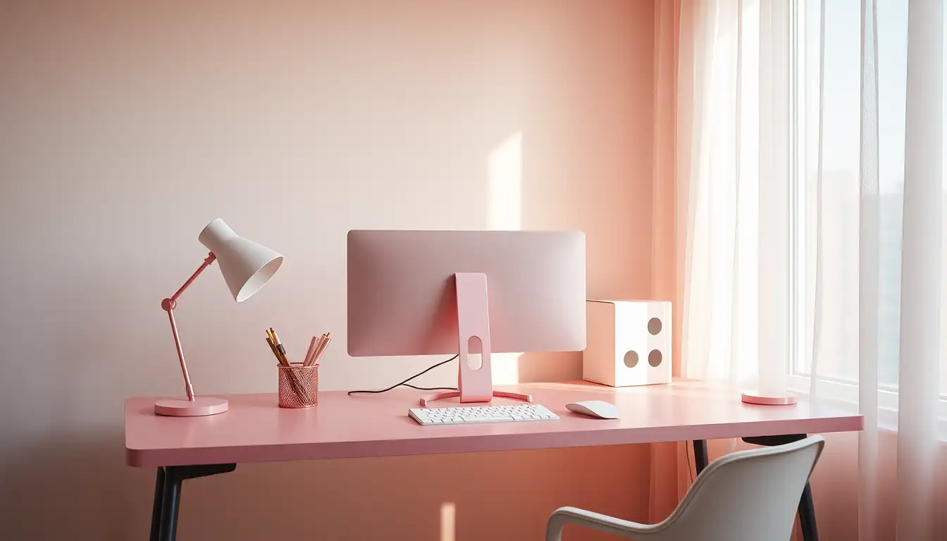 Organized desk with pink accessories and a white desk lamp