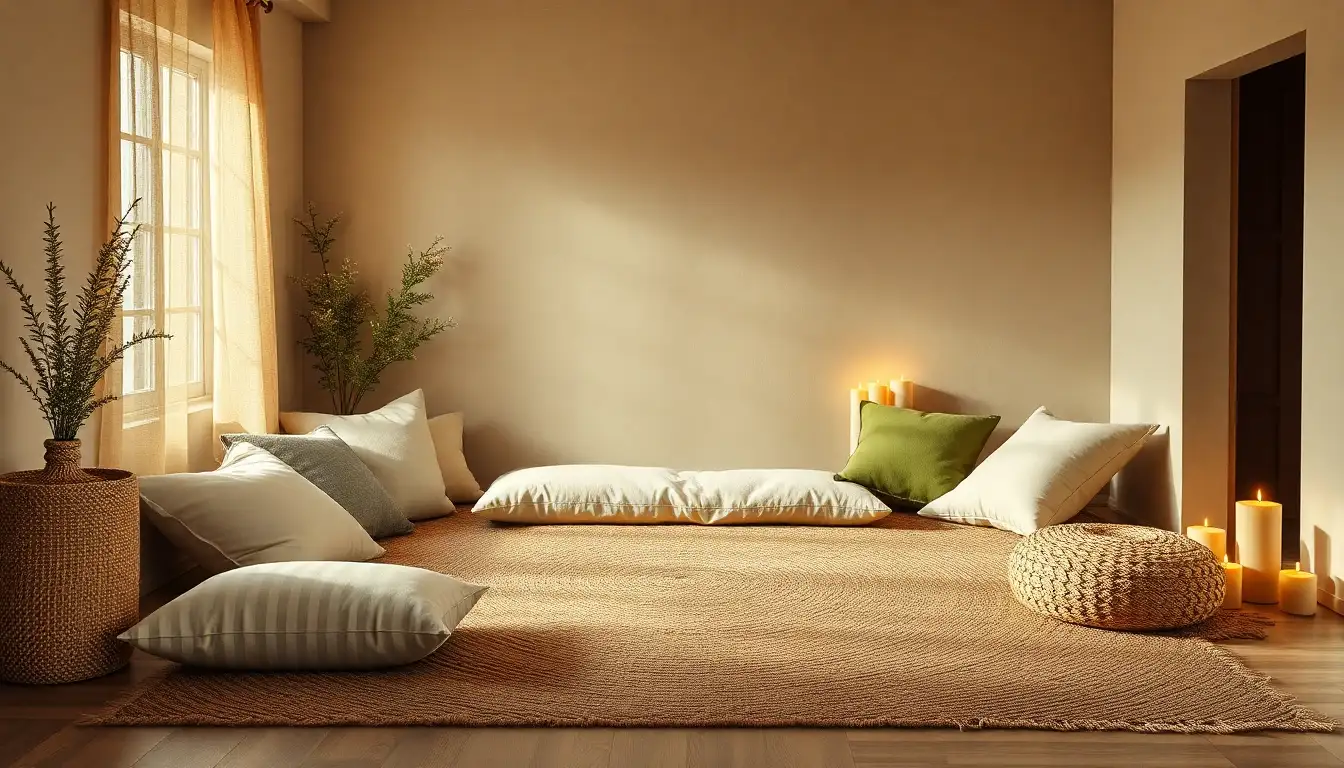 Oversized cushions on a natural jute rug in a cozy corner with candles.