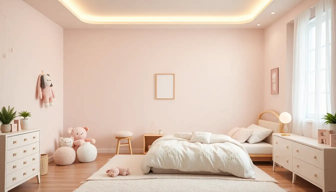 Pastel kidcore bedroom with plushies and soft lighting