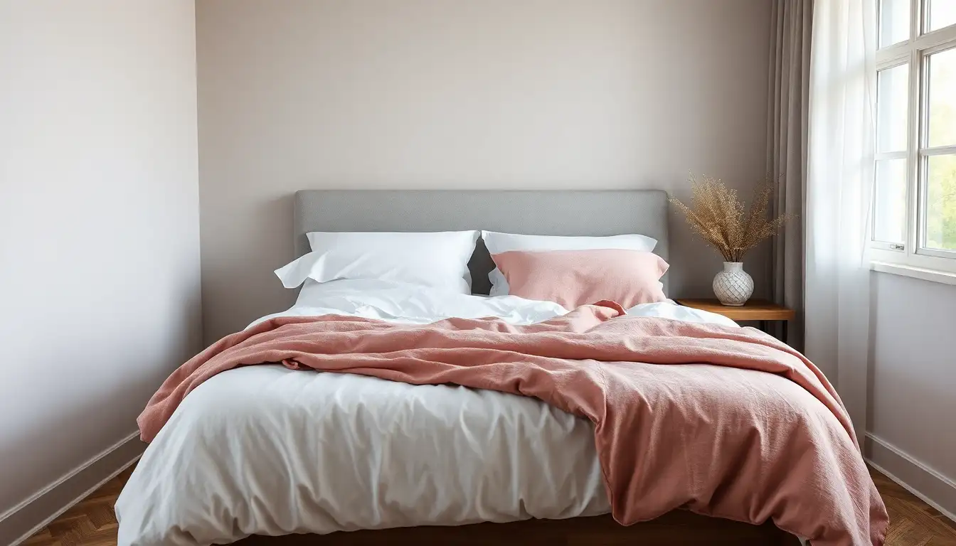 Pastel pink bedroom bedding with white sheets and a pink linen duvet cover.