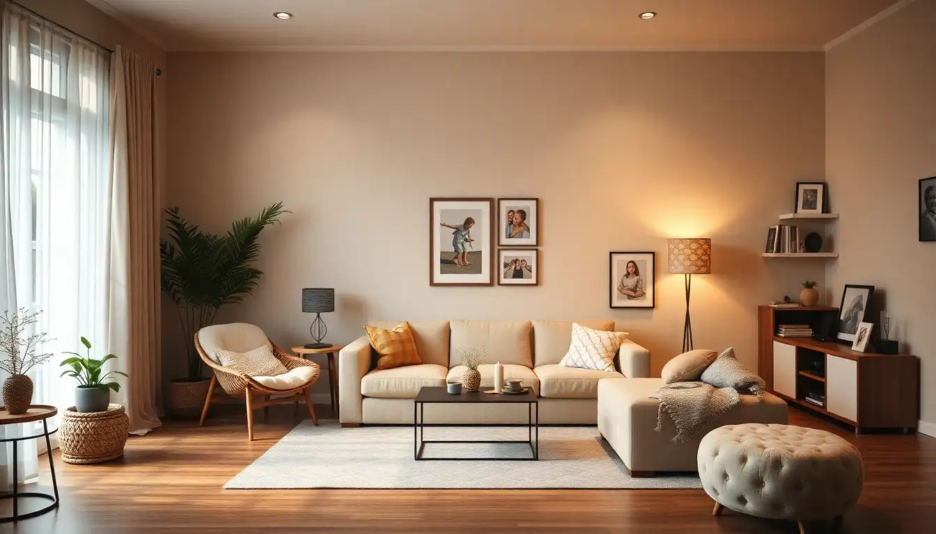 Personalized beige room with family photos and soft lighting