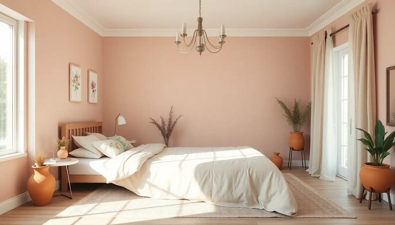 Pink and sage green bedroom with botanical decor and linen fabrics