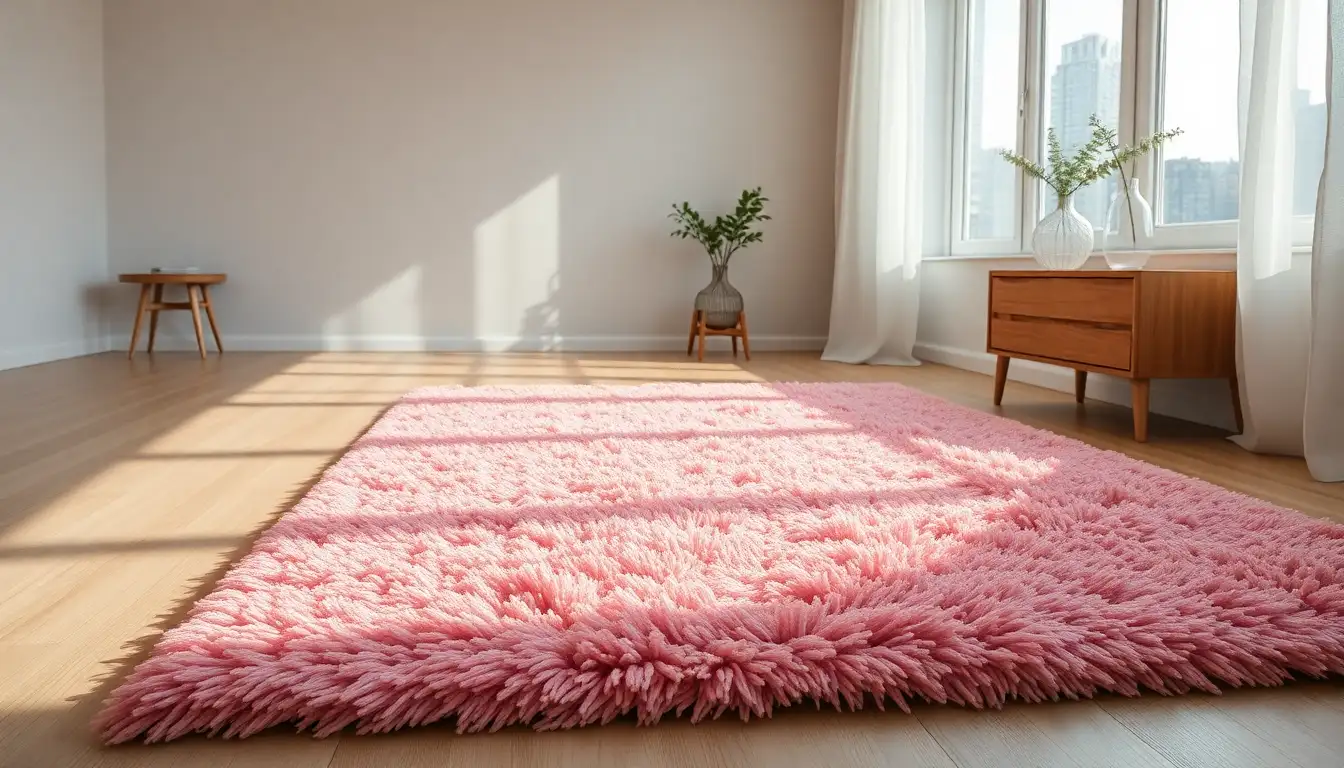 Pink shag rug on a wooden floor in a bedroom.