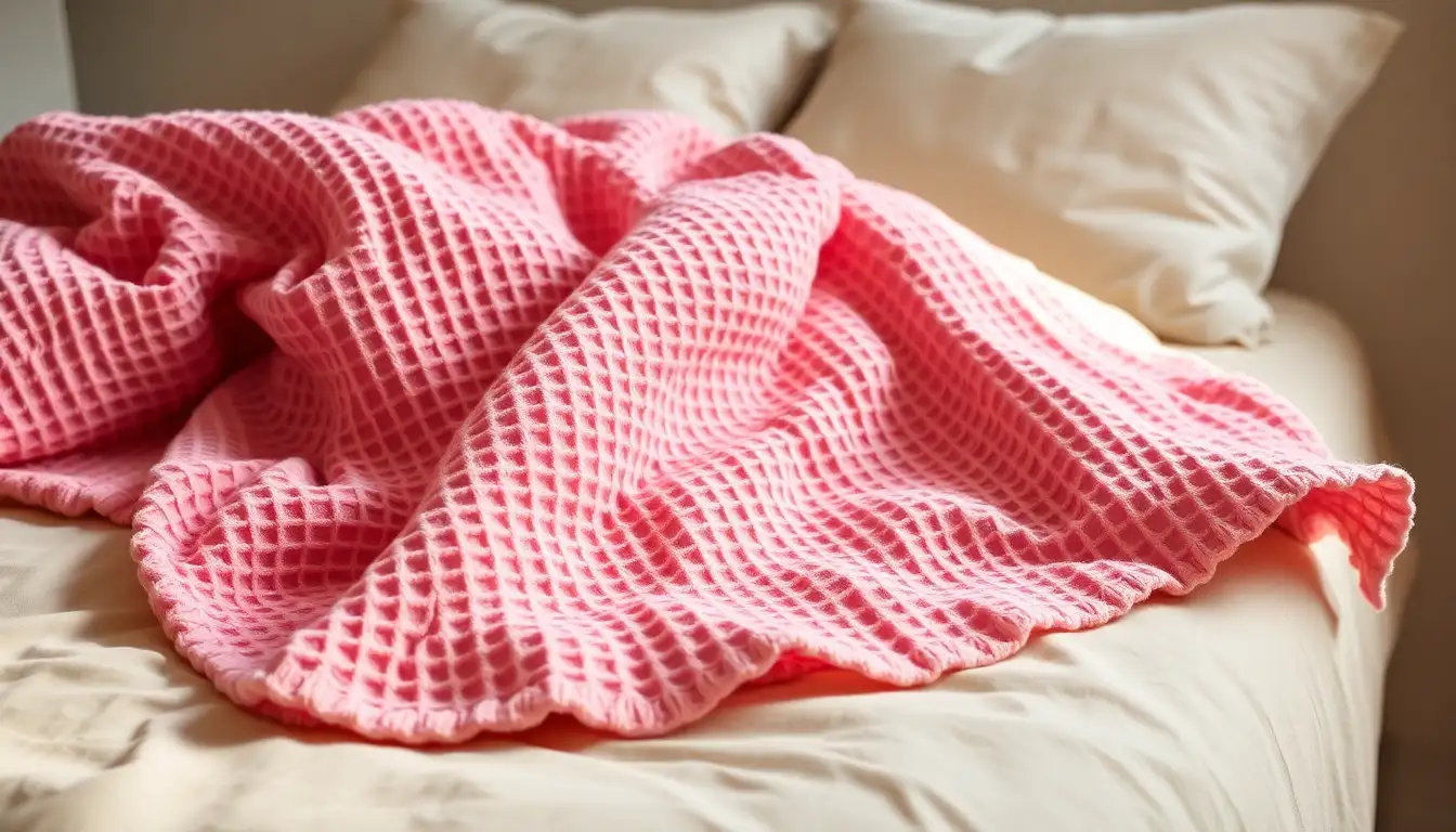 Pink waffle throw blanket on a beige bed in a pastel pink bedroom.