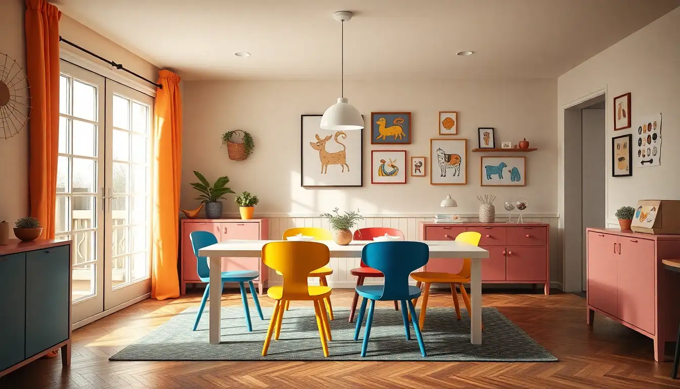 Playful dining room with colorful chairs and quirky decor