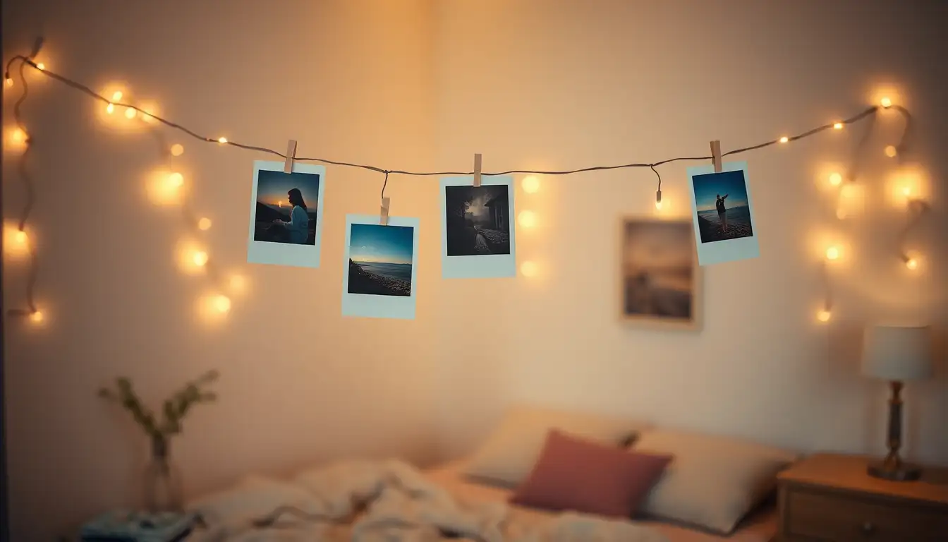 Polaroid photos hanging from a string of warm fairy lights on a bedroom wall