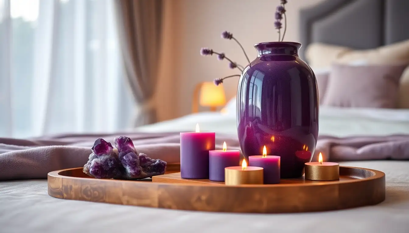 Purple crystals and a ceramic vase on a wooden tray in a bedroom.