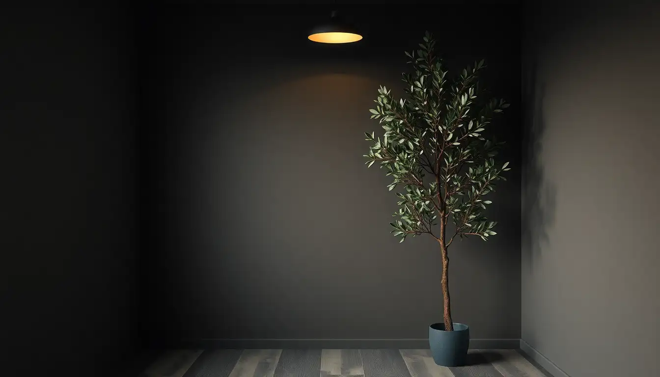 Realistic 6-foot faux olive tree in a dark corner of a modern grunge room
