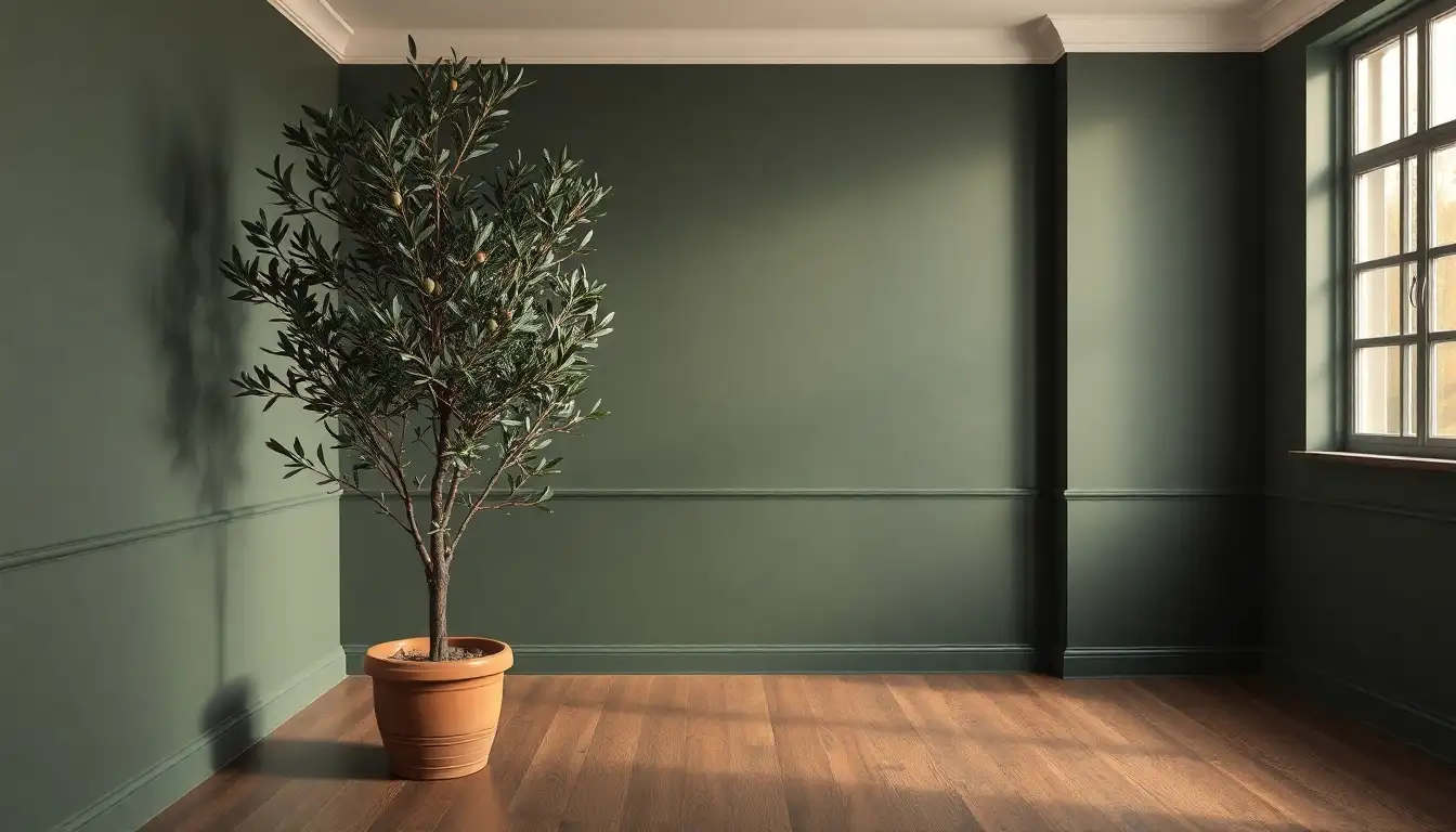 Realistic faux olive tree in a dark green room corner.