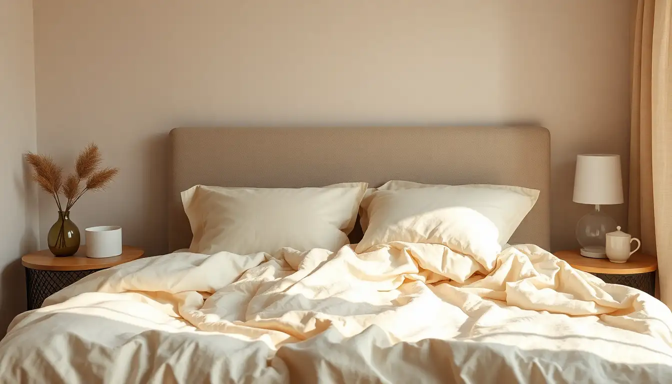 Relaxed messy bed look with linen bedding