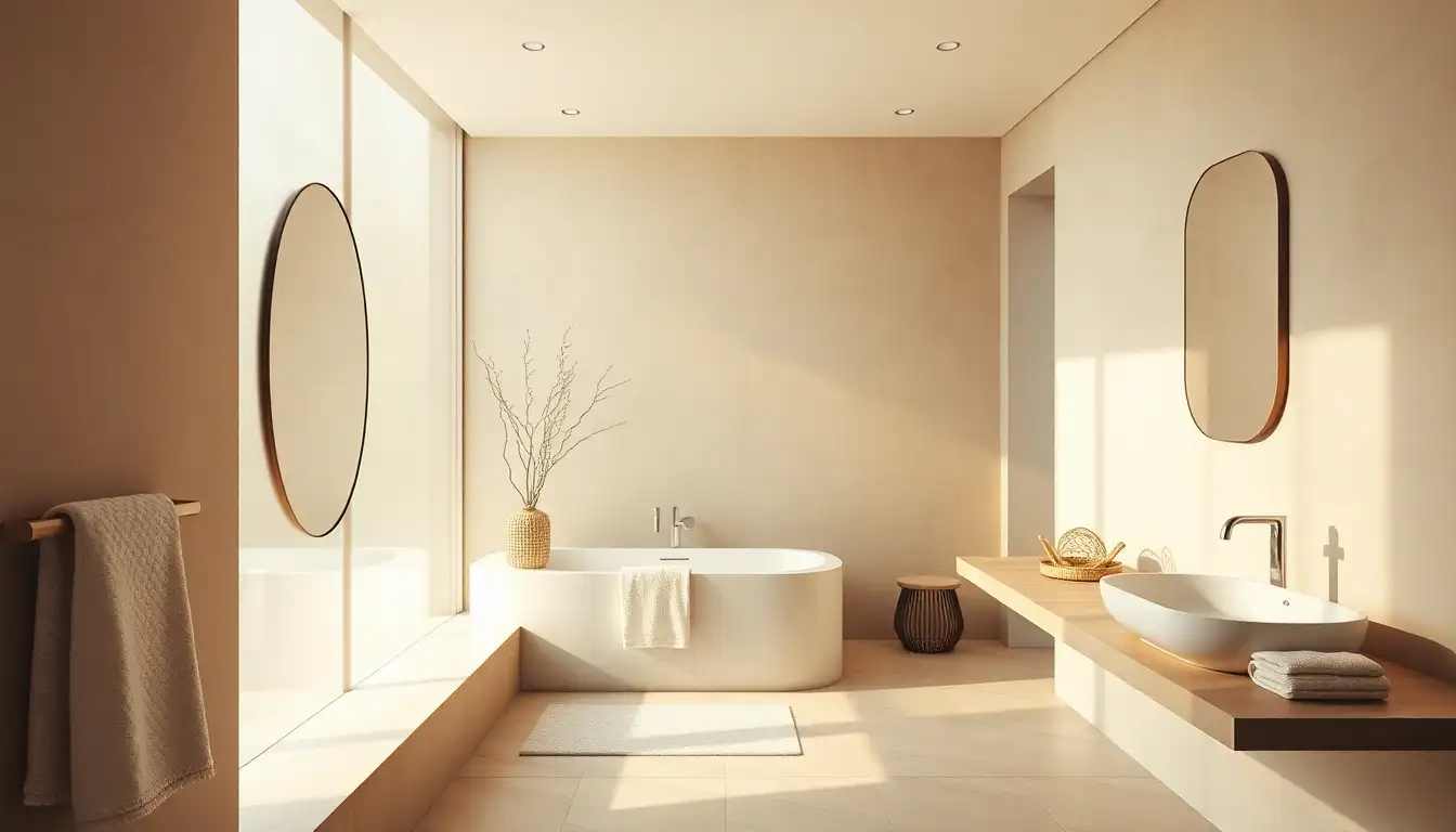 Relaxing beige minimalist bathroom with fluffy towels