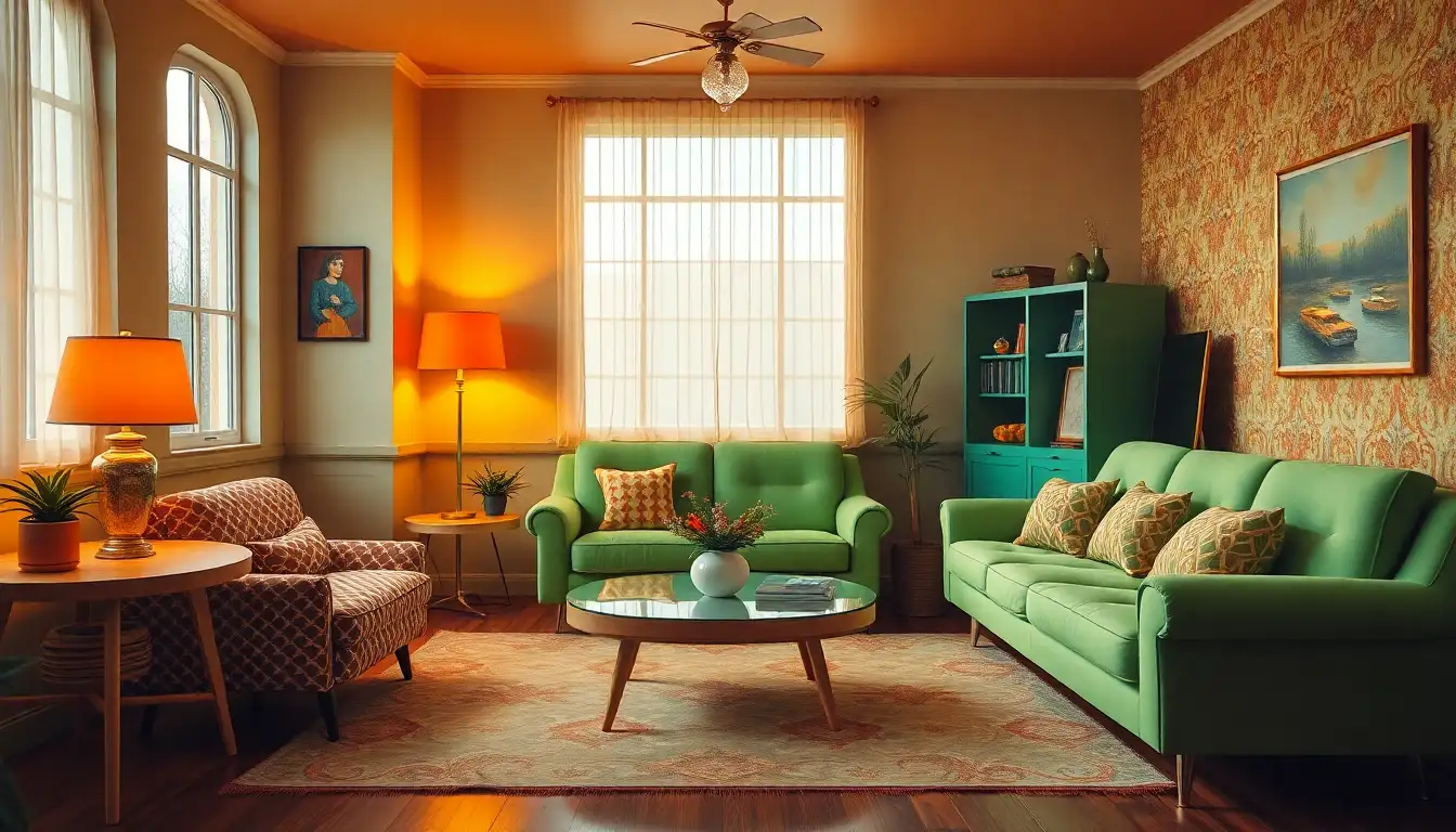 Retro bedroom with pistachio green furniture and orange patterns