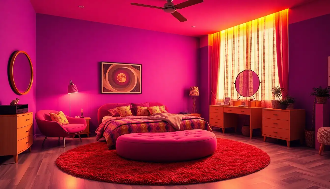Retro bedroom with purple and orange wavy patterns on the walls and rug.