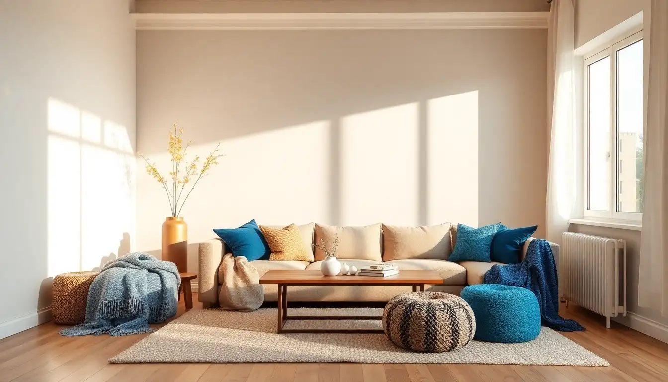 Room with blue accents in a beige setting